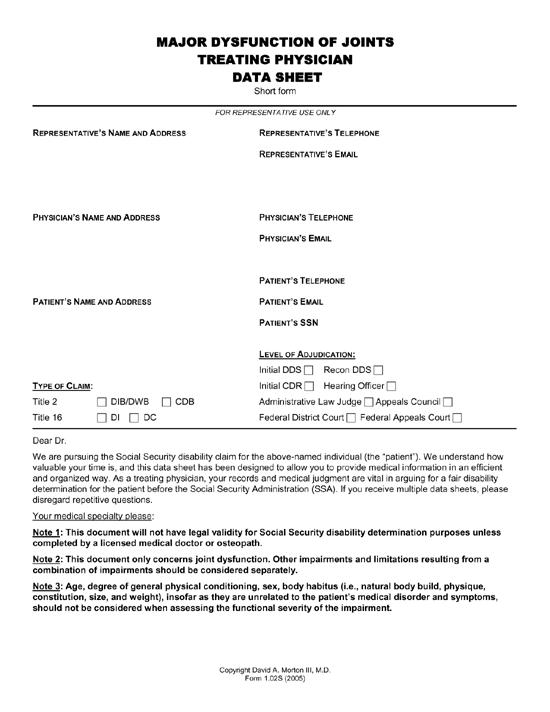Joint Dysfunction Treating Physician Data Sheet